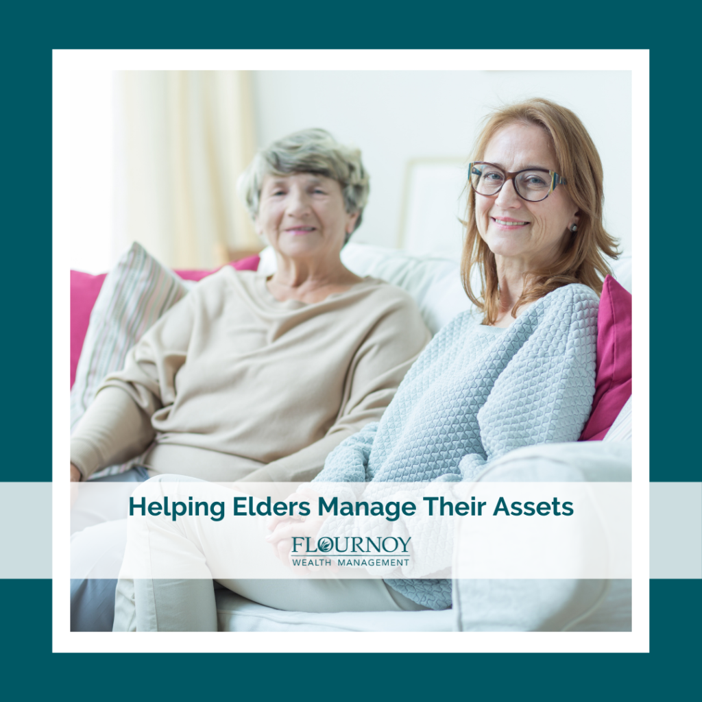 photo: Younger woman sitting with elderly woman on a couch. "Helping Elders Manage Their Assets"